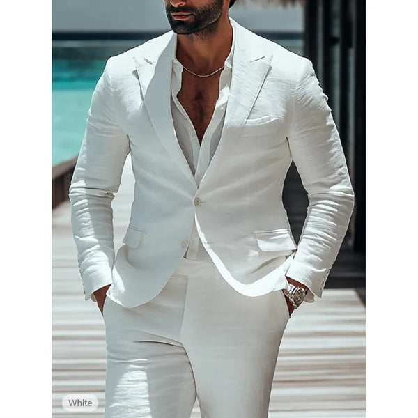Close-up of the two-button jacket closure on the white linen suit.