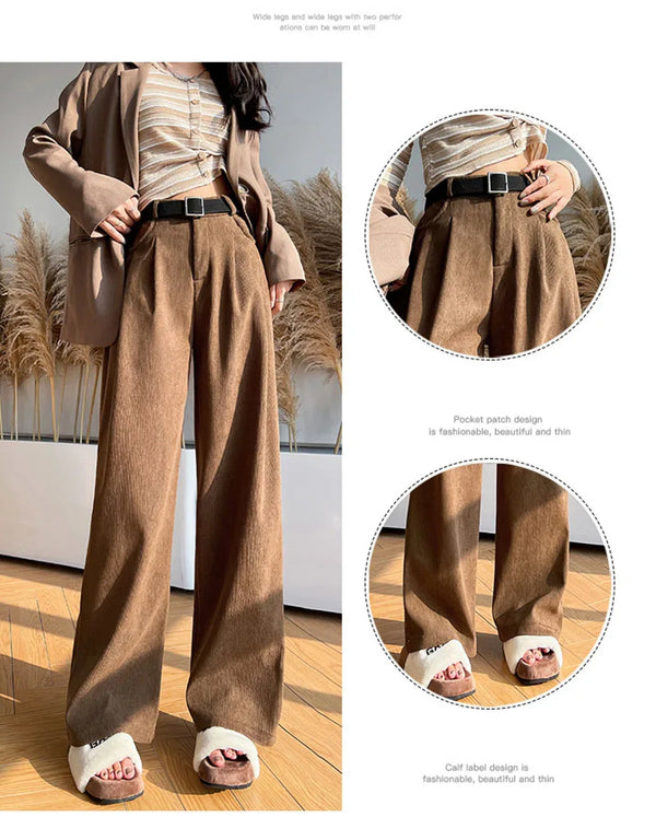 Chic high-waist corduroy wide-leg pants for women, perfect for autumn fashion and casual office wear.