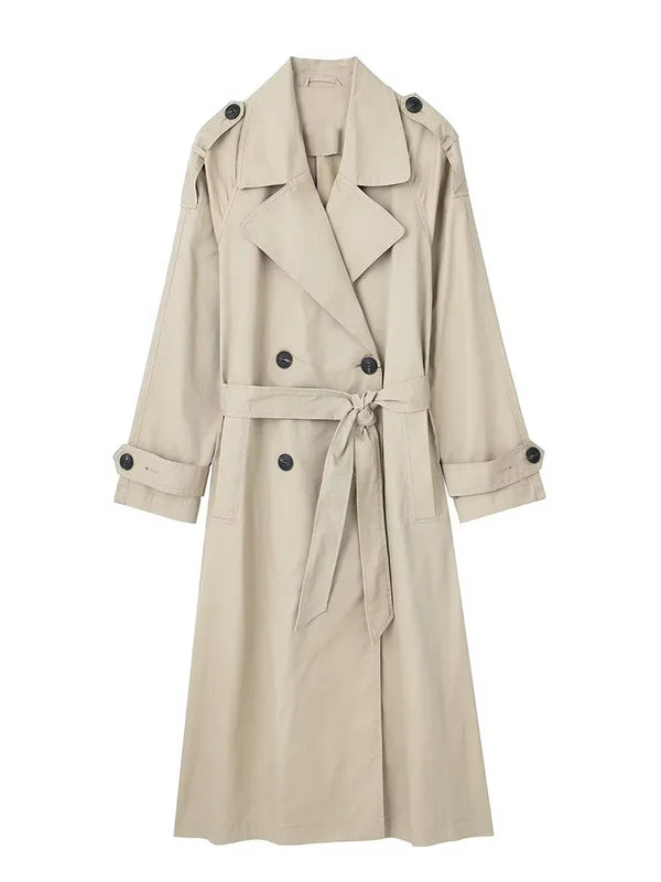 Sophisticated trench coat with adjustable belt cinched at waist for feminine silhouette