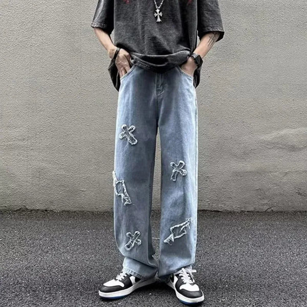 Comfortable blue wide-leg jeans for men, blending urban flair with functionality.