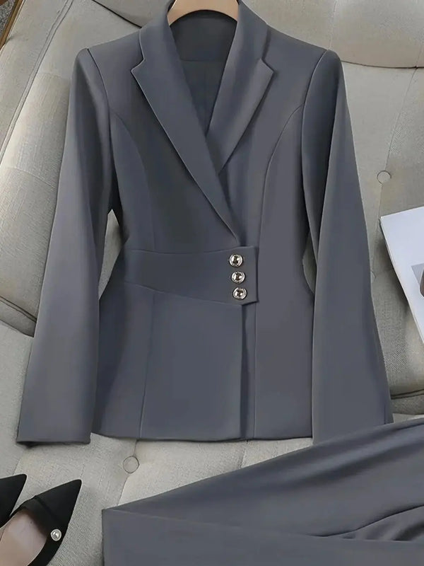Perfectly tailored pants of the power suit, designed for ease and mobility in a professional setting.