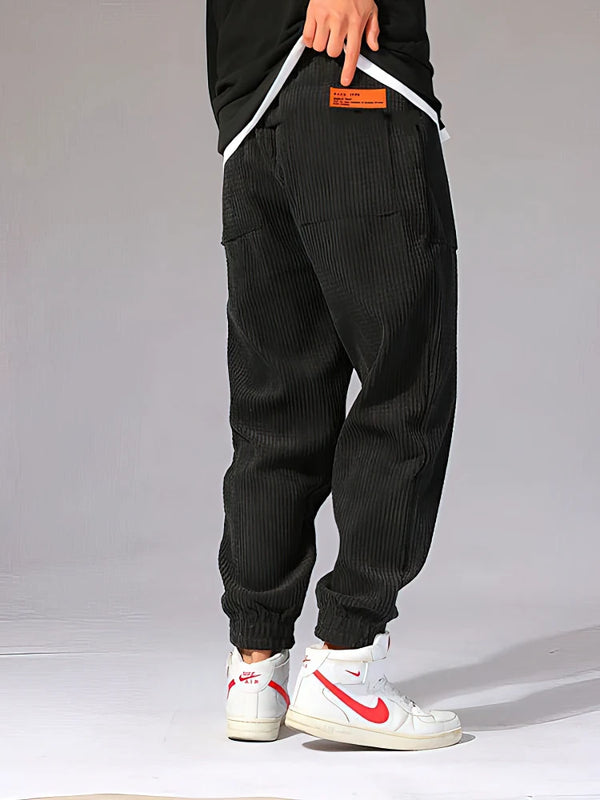 Close-up of ribbed corduroy texture and elastic waistband on thermal joggers