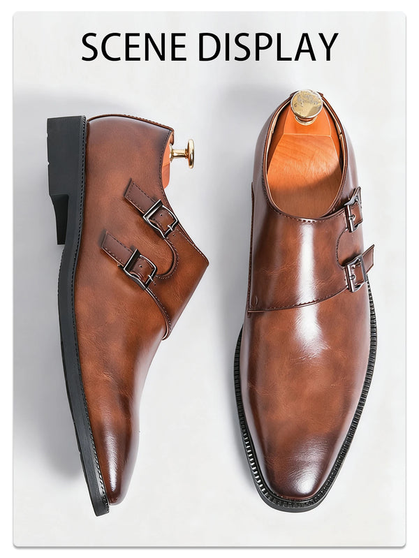 Monk strap oxford shoes displaying premium leather upper and buckle hardware