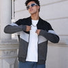 Men's trendy color block bomber jacket in US sizes, perfect for casual wear, outdoor activities, and stylish outfits.