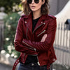 Chic slim-fit biker's leather jacket for women in premium PU leather, perfect for autumn and winter fashion.