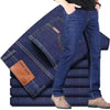 Men's full-length straight-leg jeans in soft-touch denim with zipper closure and timeless silhouette