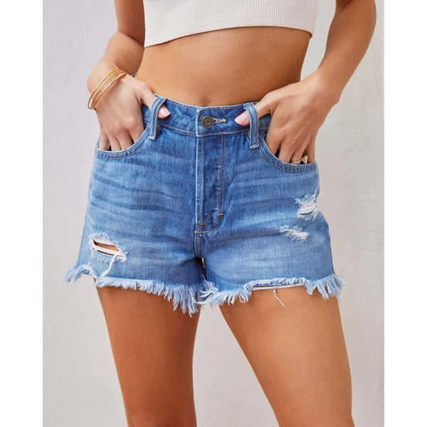 Distressed denim shorts with straight leg silhouette and hand-finished frayed edges