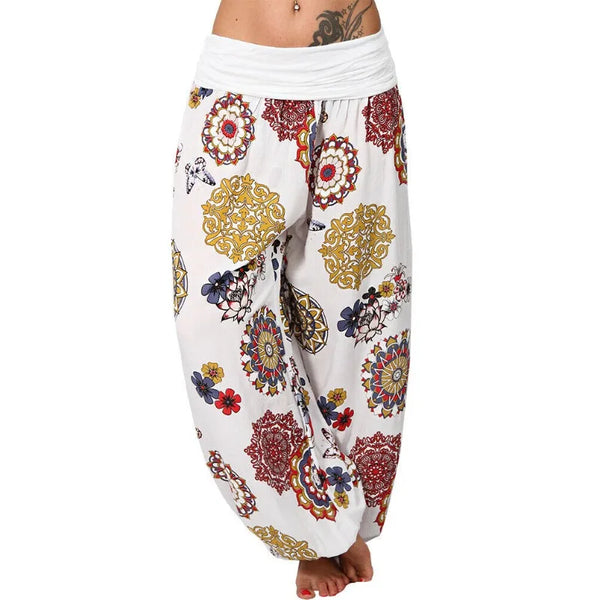Boho chic wide leg harem pants for women with geometric print, ankle-length, mid-rise, and relaxed fit for comfort and style.