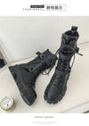 Chic mid-calf motorcycle boots for women with lace-up closure, non-slip outsole, and stylish PU leather for winter wear.
