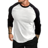 Men's Long Sleeve Slim Fit Splice Tee in soft polyester, featuring O-neck and unique splice detailing for casual style.