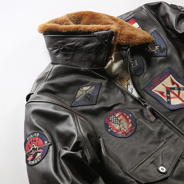 Zipper closure feature of the Top Gun inspired leather bomber jacket for men.