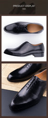 Detailed view of leather dress shoes showing artisan quality and durable design