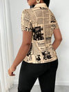 Chic Newspaper Print Blouse in V-neck style, perfect for casual or office wear, made from breathable polyester.