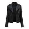 Women's slim fit PU leather motorcycle jacket in black, windproof, durable, perfect for spring and autumn rides.