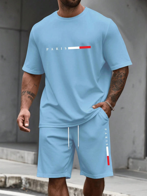 Relaxed fit two-piece set with crew neck tee and elastic waist shorts
