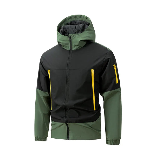 Men's hooded windproof jacket for outdoor sports, lightweight, breathable, perfect for fall and winter adventures.