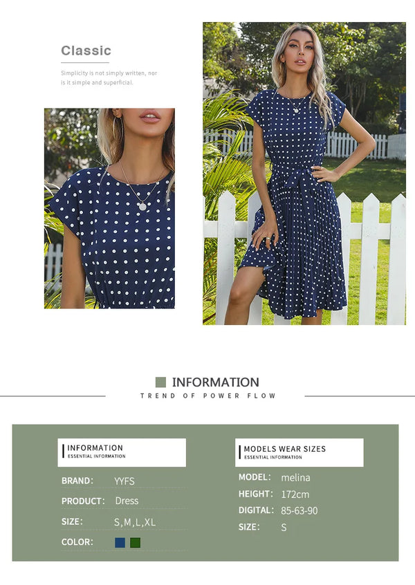 Full length view of pleated polka dot dress with classic print