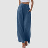 Cotton-linen wide-leg pants with button closure and pockets shown in full length view