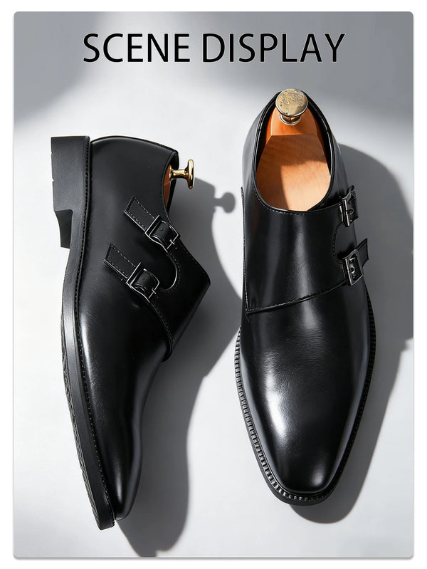 Close-up of monk strap buckle detail on classic leather oxford shoes