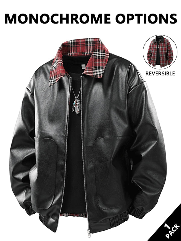 Classic men's faux leather jacket with turn-down collar, wind-resistant, cold-proof, perfect for autumn and winter style.
