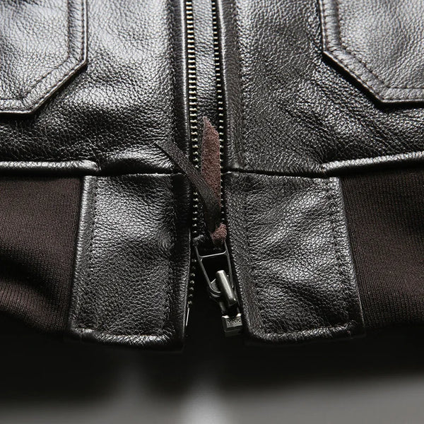 Men's leather bomber jacket in black, perfect for casual and biking wear.