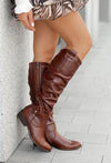 Vintage suede knee-high boots with low square heel and side zipper, perfect for autumn and winter fashion.
