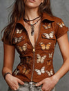 Summer butterfly print top with functional pockets and flattering slim fit silhouette