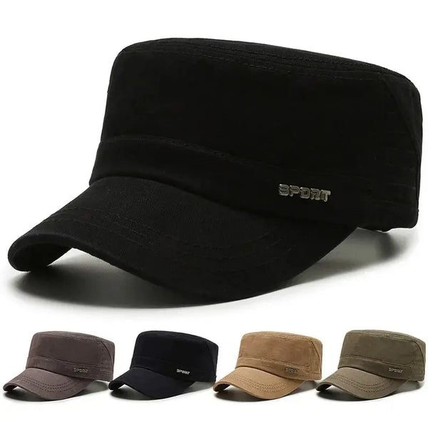 Black stylish men's flat military cap made of durable polyester.
