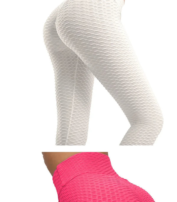 Flat lay of high waist push-up yoga leggings in teal, featuring anti-cellulite texture.
