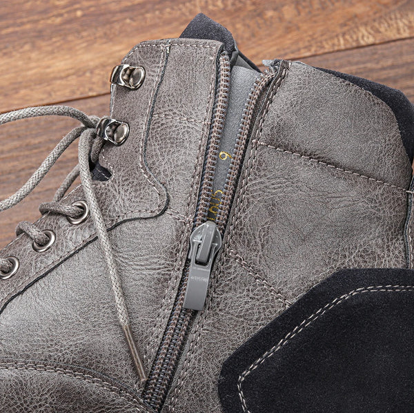 Rugged men's leather boots with side zip and canvas lining for all-day comfort