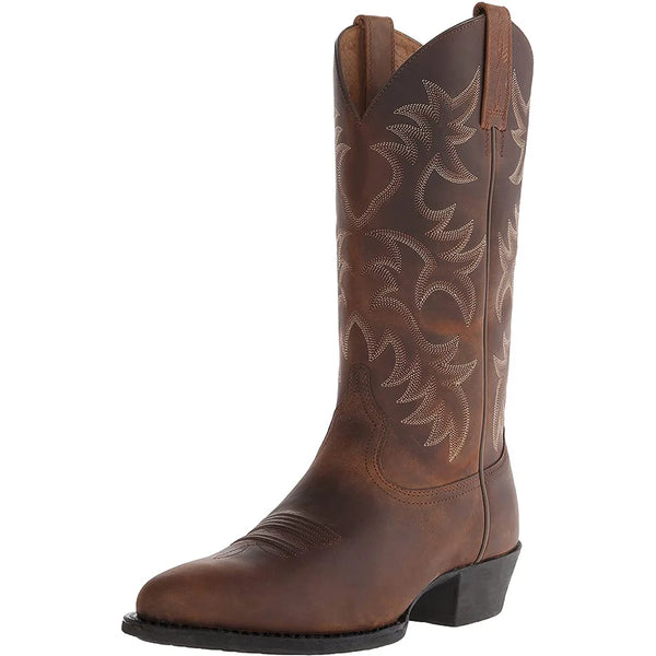 Brown embroidered Western boots with cotton lining and rubber outsole for durability