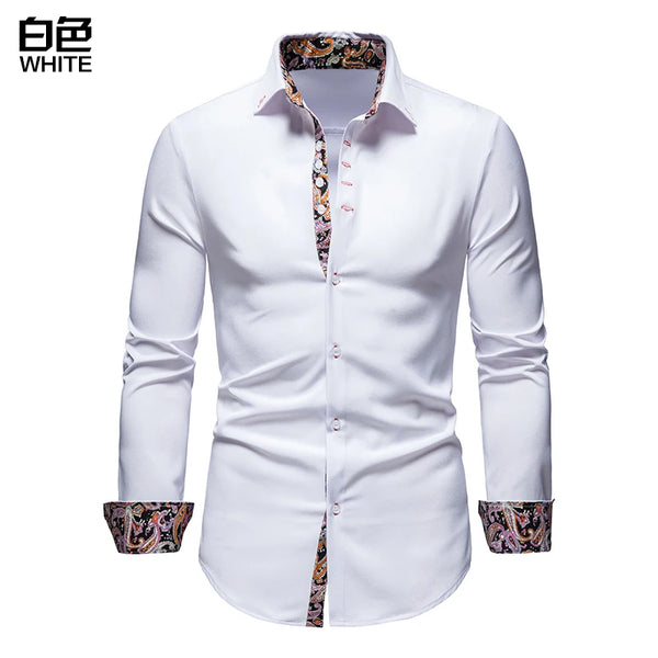 Classic men's white long sleeve polo shirt with stand collar, single-breasted closure, perfect for smart casual occasions.