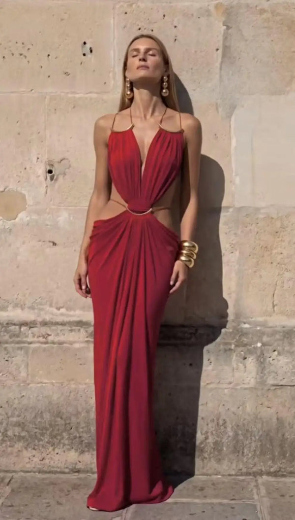Floor-length backless dress with halter straps and contemporary waist cutout styling