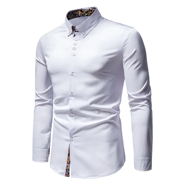 Classic Men's White Long Sleeve Polo Shirt with stand collar, single-breasted closure, perfect for business casual and all se