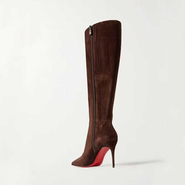 Black stiletto boots with a sleek silhouette and side zip.