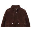 Modern brown jacket with elevated collar and hands-free pocket storage