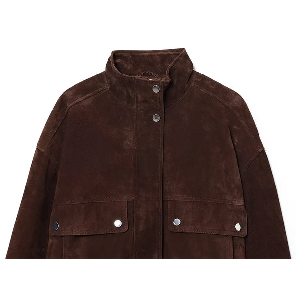 Modern brown jacket with elevated collar and hands-free pocket storage