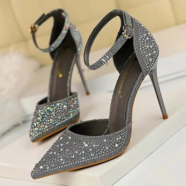 Elegant rhinestone stiletto pumps with 10cm heels perfect for weddings and galas