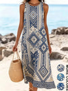Woman wearing floral midi dress with hands in functional side pockets