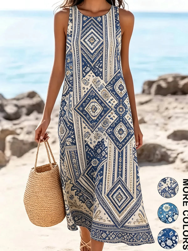 Woman wearing floral midi dress with hands in functional side pockets