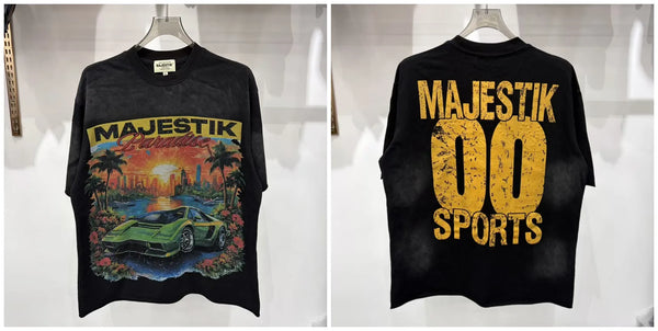 Hip-hop style cotton tee with shimmering rhinestone text on front
