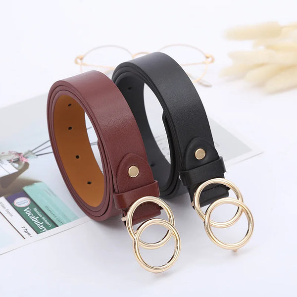 Chic double ring PU leather belt for women in classic black, perfect for jeans, dresses, and versatile fashion outfits.