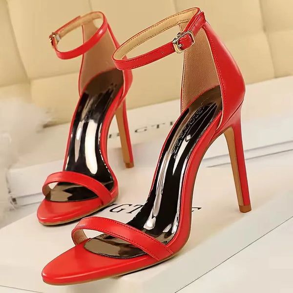 Women's evening sandals with thin heel and ankle strap