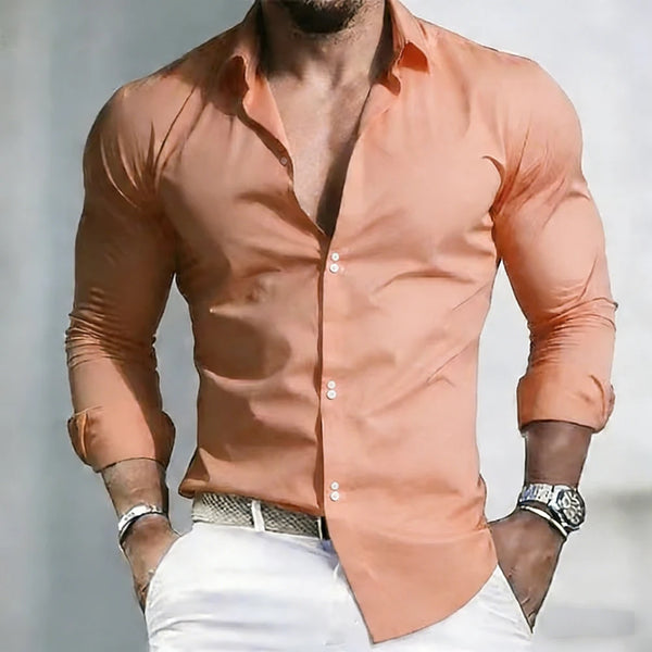 Professional white stretch shirt with extended sizing and temperature-regulating fabric
