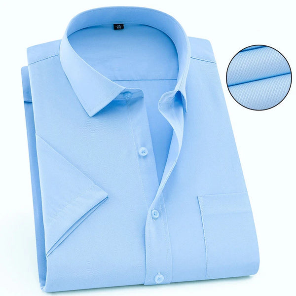 White striped short sleeve dress shirt in premium broadcloth material