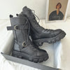 Chic mid-calf motorcycle boots for women with lace-up closure, non-slip outsole, and stylish PU leather for winter wear.