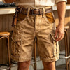 Multi-pocket cargo shorts with contrast patchwork detail in durable polyester fabric