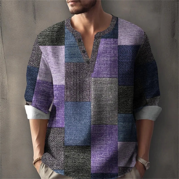 Modern mandarin collar henley with eye-catching geometric print pattern