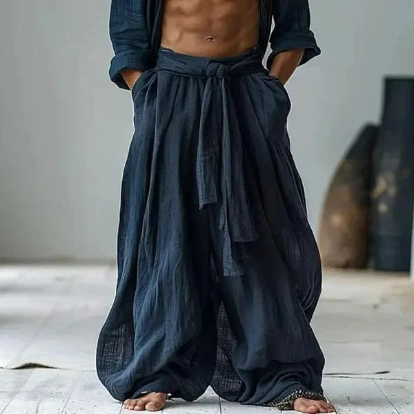 Wide leg ankle pants in breathable natural fabric with adjustable tie-up waist