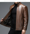 Classic goatskin leather jacket for men, lightweight, stylish, with stand collar and zipper, perfect for casual and business